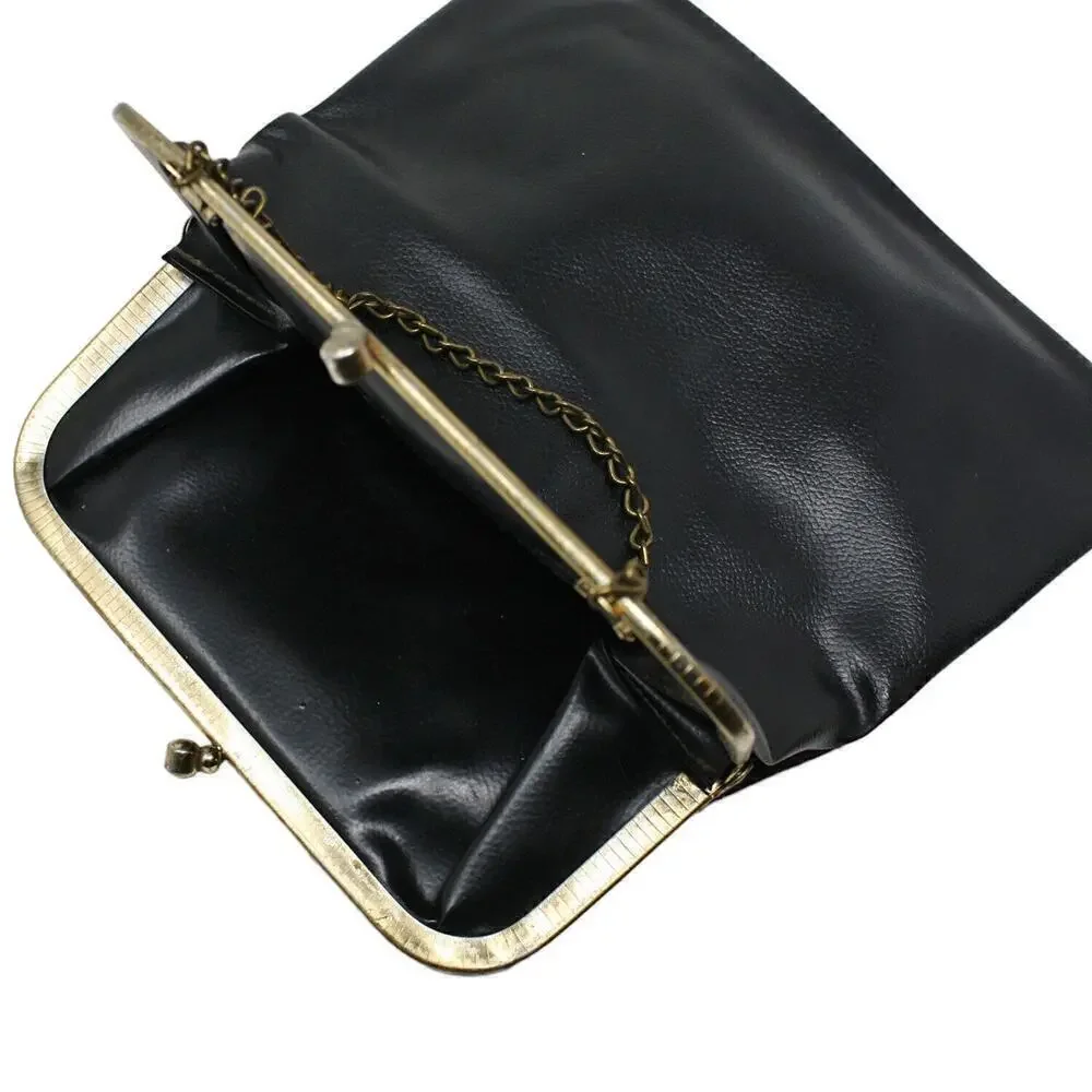 Vintage Black Vinyl Flat Purse w Chain or Folded Clutch Metal Frame 9x9 -Hey Viv